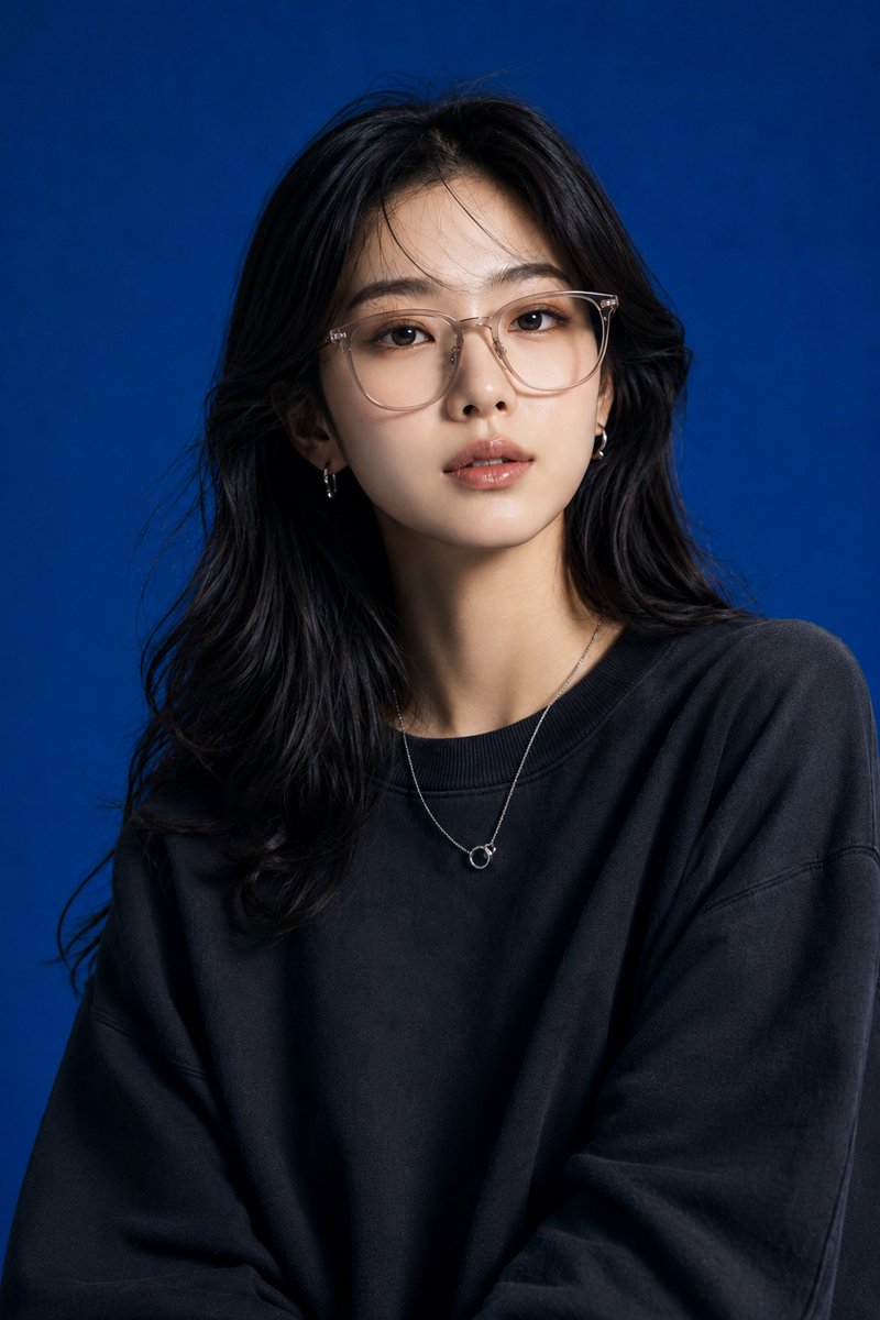 Create image Create a high-end studio fashion portrait inspired by the uploaded blue-background reference photograph. Re