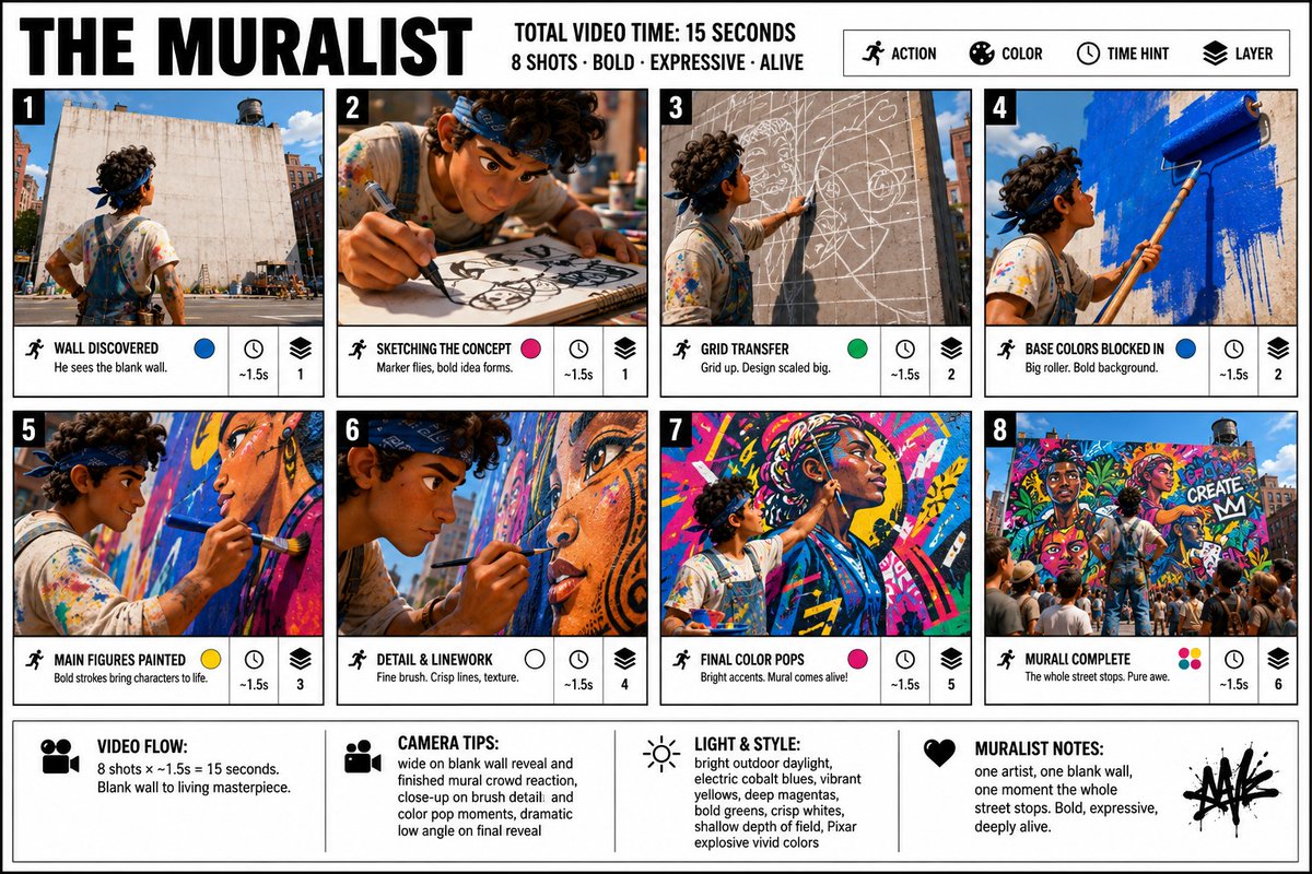 Create a crisp, clean infographic storyboard poster for THE MURALIST. Wide 16:9 layout, white background, black borders,