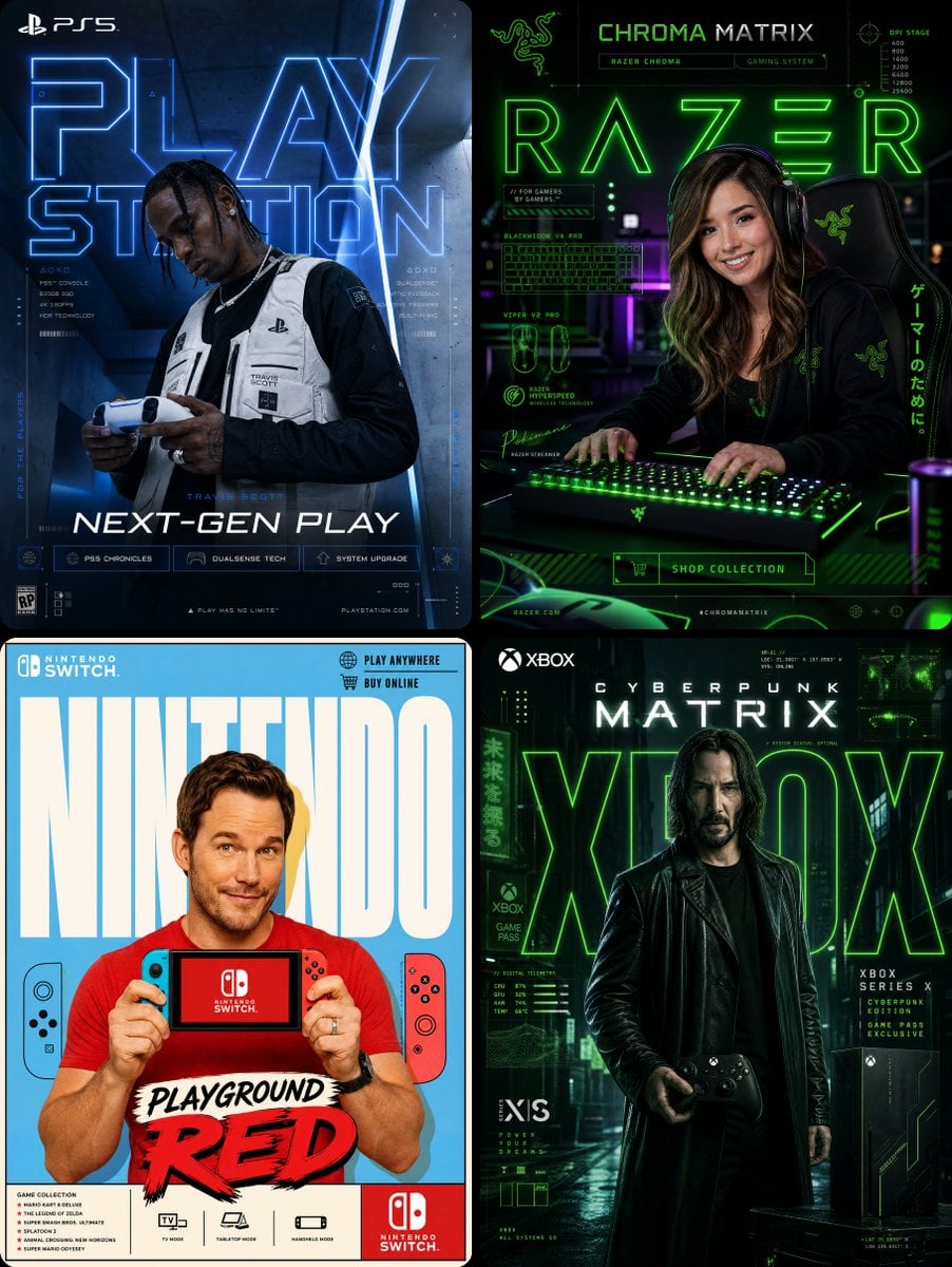 Gaming & Consoles (PlayStation, Xbox, Nintendo, Razer)

neon blue sci-fi, cyberpunk green holograms, pop-art red vectors