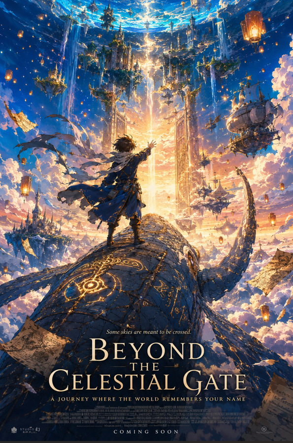 A breathtaking anime fantasy movie poster in portrait format. A young girl in a flowing ivory cloak stands atop the shat