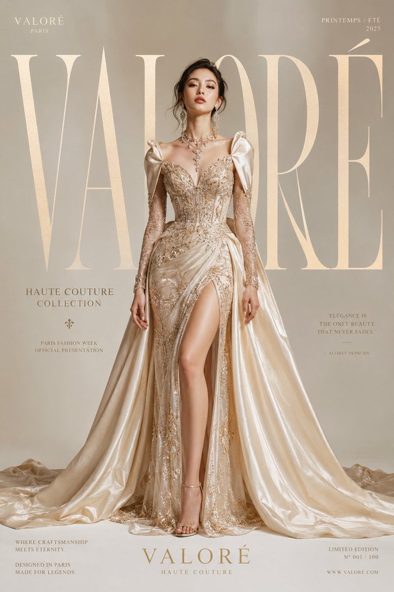 [Hero Subject: Luxury Haute Couture Fashion Editorial Poster] for [BRAND NAME]

A stunning full-body female supermodel s