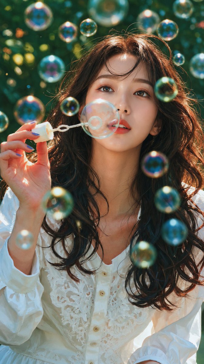 Ultra-realistic cinematic portrait of a beautiful young [Hero Subject: East Asian] woman outdoors in a lush green garden