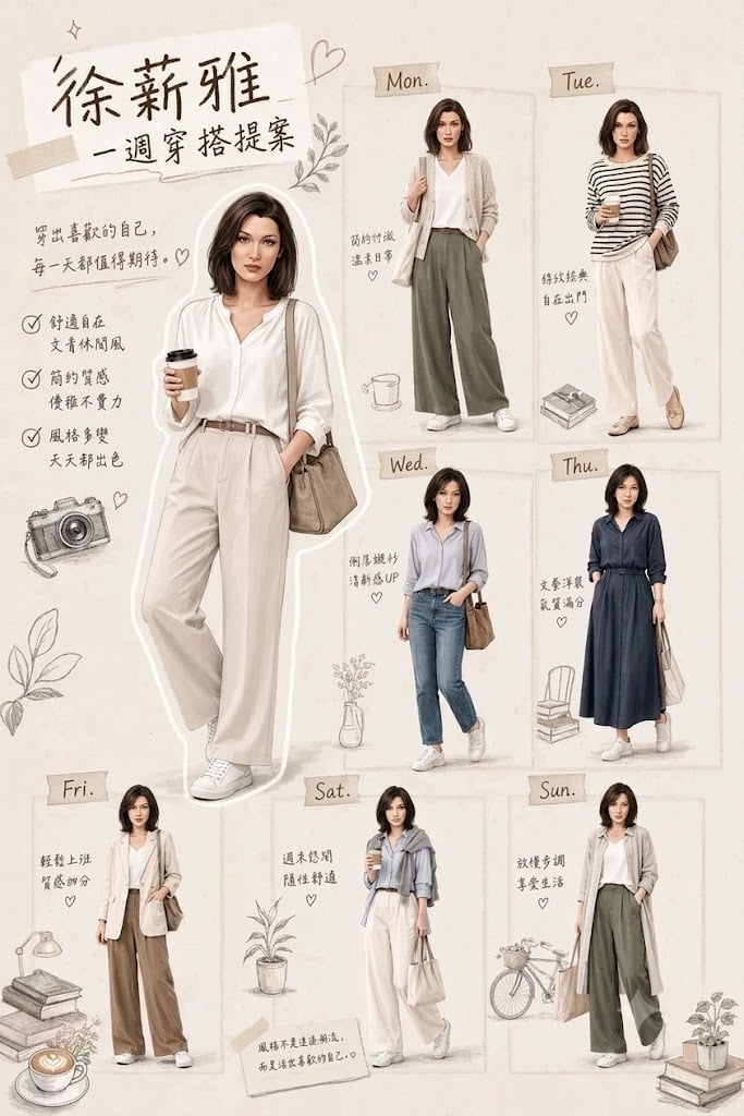 Create a stylish weekly outfit guide poster in a warm scrapbook-style editorial layout. [Hero Subject: Feature Bella Had