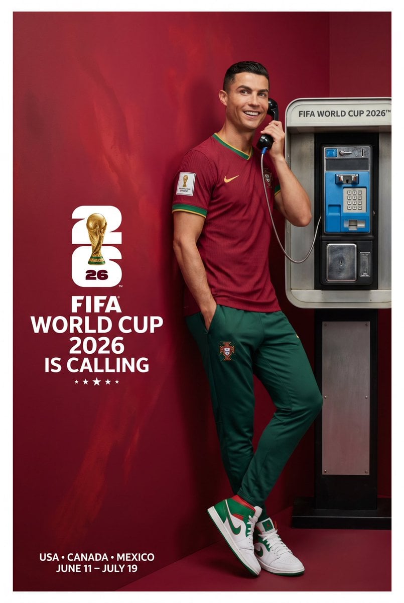 Create an ultra-premium FIFA World Cup 2026 global advertising campaign poster featuring Cristiano Ronaldo representing 