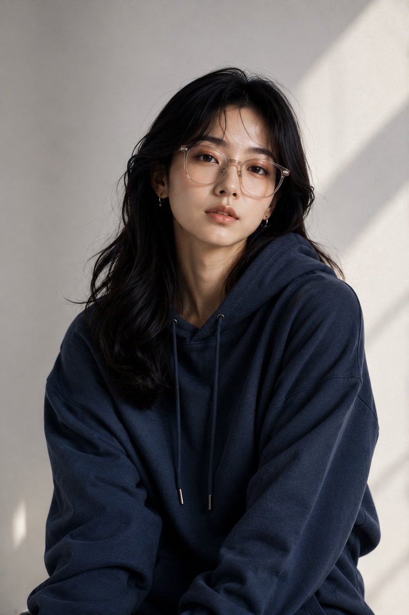 Create a premium fashion-editorial half-body portrait of a beautiful young [Hero Subject: East Asian] woman (Japanese/Ko