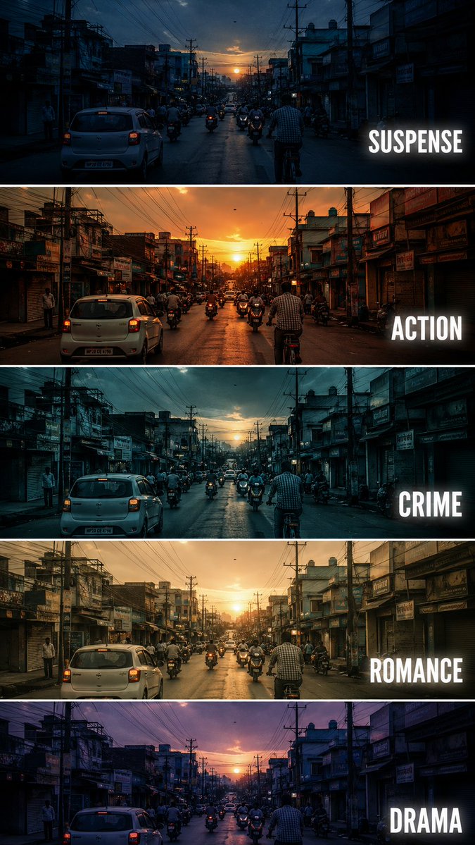 Create a vertical cinematic tutorial comparison poster showing the same urban street scene repeated in five horizontal p