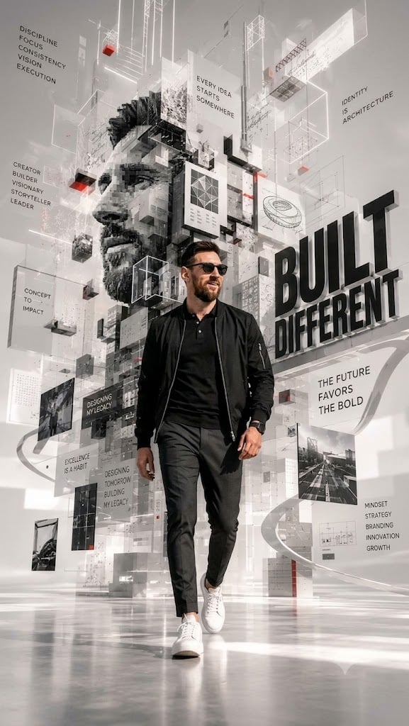 A futuristic monochrome motivational digital artwork featuring a man resembling *[Hero Subject: Lionel Messi]* walking f