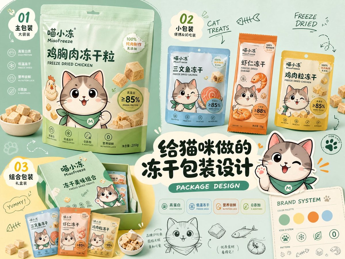 请生成一张横向4:3高清「品牌包装设计提案速览」。

【主题】：[产品主题]
【品牌名】：[品牌名]
【系列名称】：[系列名称]
【产品内容】：[主产品 + 3个副产品 / SKU]
【风格方向】：[风格方向]
【主色调】：[主色]
【辅助