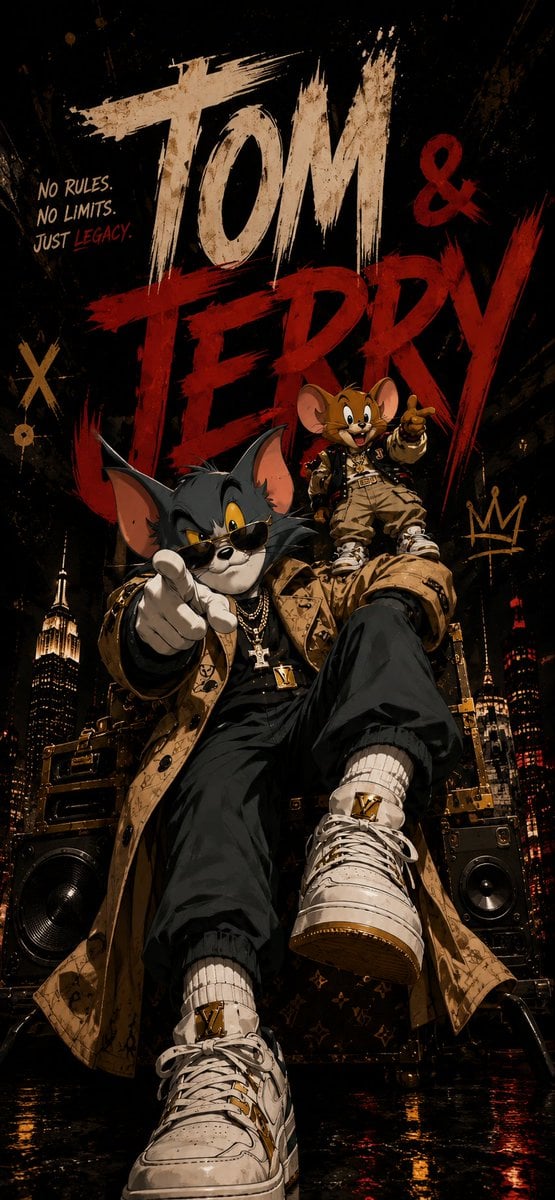 Tom and Jerry,
luxury editorial magazine cover,
streetwear fashion icons,
premium typography,
cinematic photography,
urb