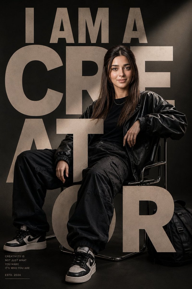 Ultra-premium fashion editorial poster, luxury streetwear aesthetic, 4:5 portrait composition. A confident young woman s