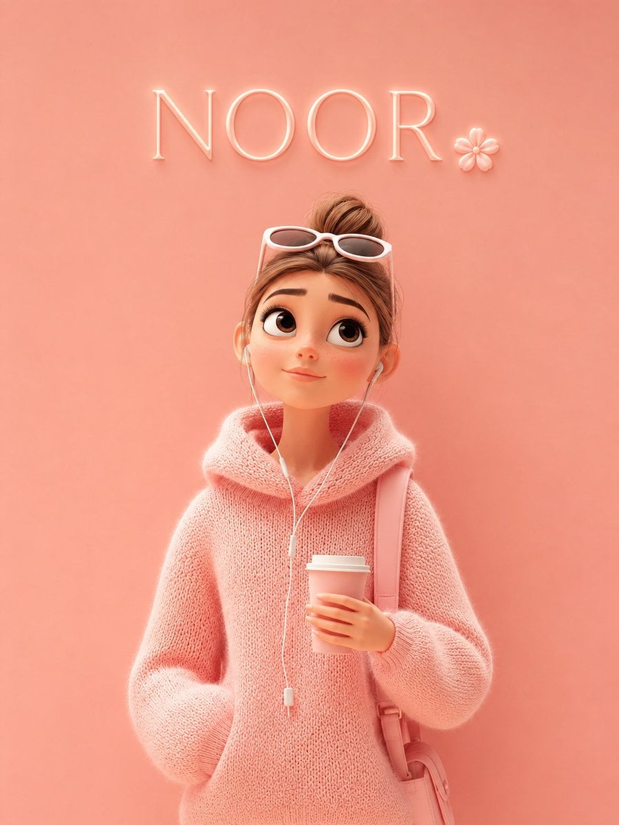 A cute Pixar-style 3D cartoon girl standing against a soft pastel pink background, wearing an oversized fluffy pink knit