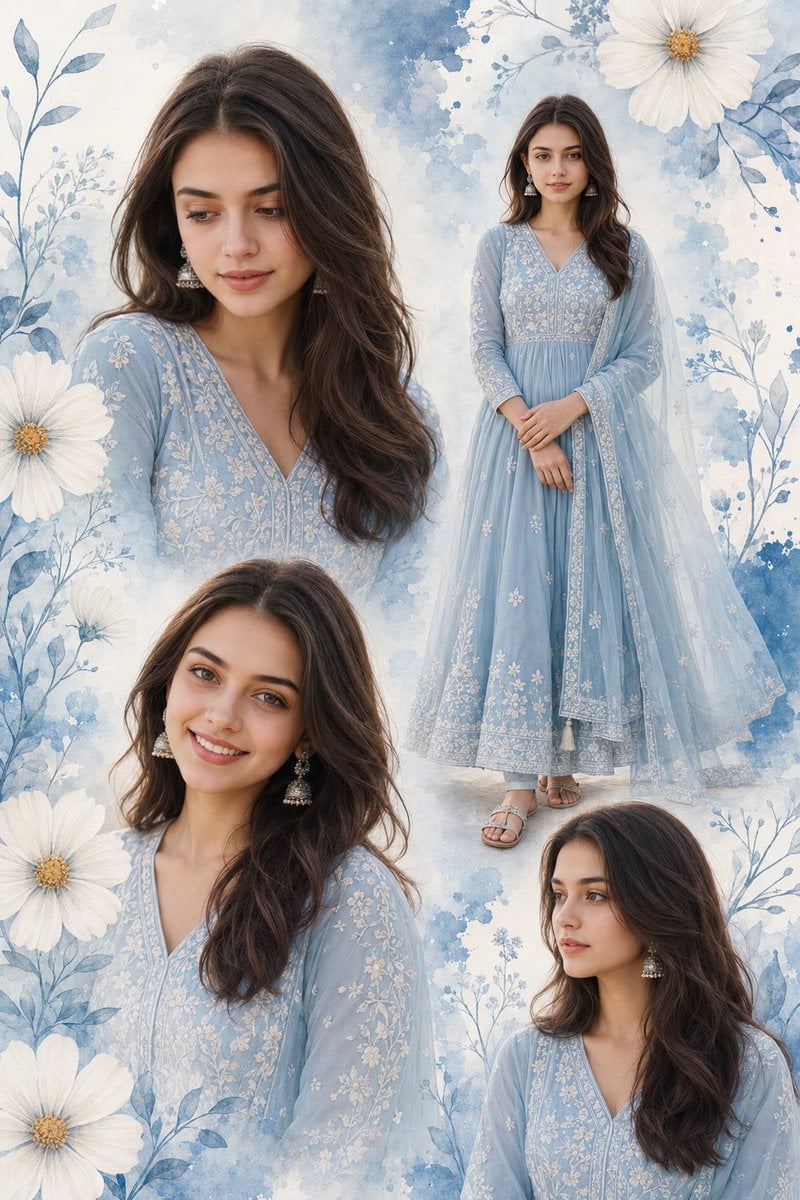 Multi-photo collage poster of a young Indian woman, 18–22 years, fair-wheatish glowing skin, long wavy dark brown hair l