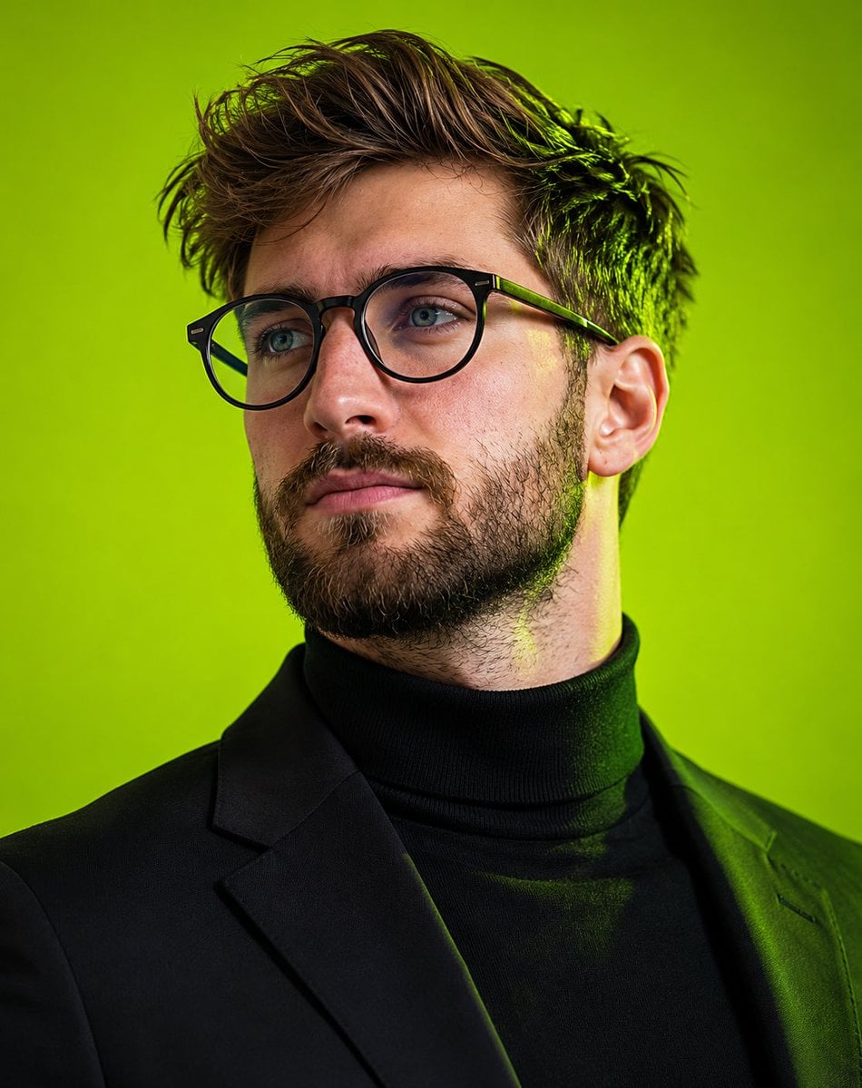 Ultra-realistic editorial portrait of a young man with tousled textured brown hair, piercing blue eyes, and a neatly gro