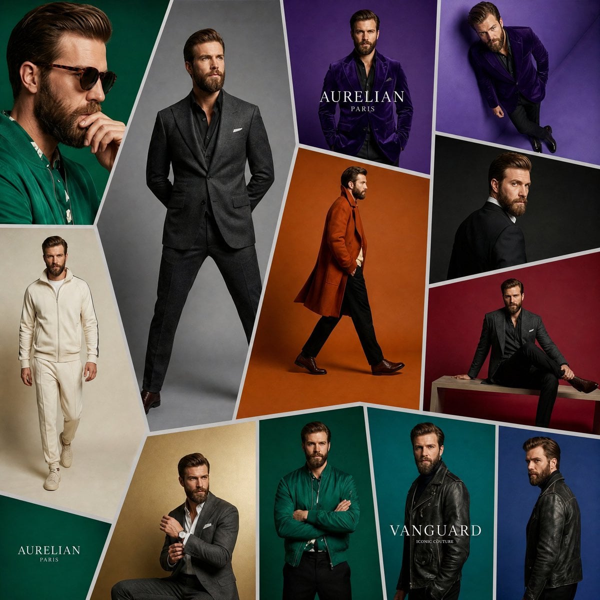 [Hero Subject: The SAME] handsome Hollywood-inspired male model with a perfectly groomed beard appears repeatedly across