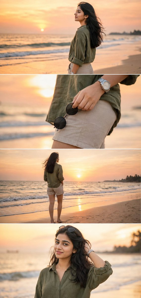 Ultra-realistic DSLR cinematic beach photoshoot collage featuring the SAME girl from the uploaded reference image. Use t