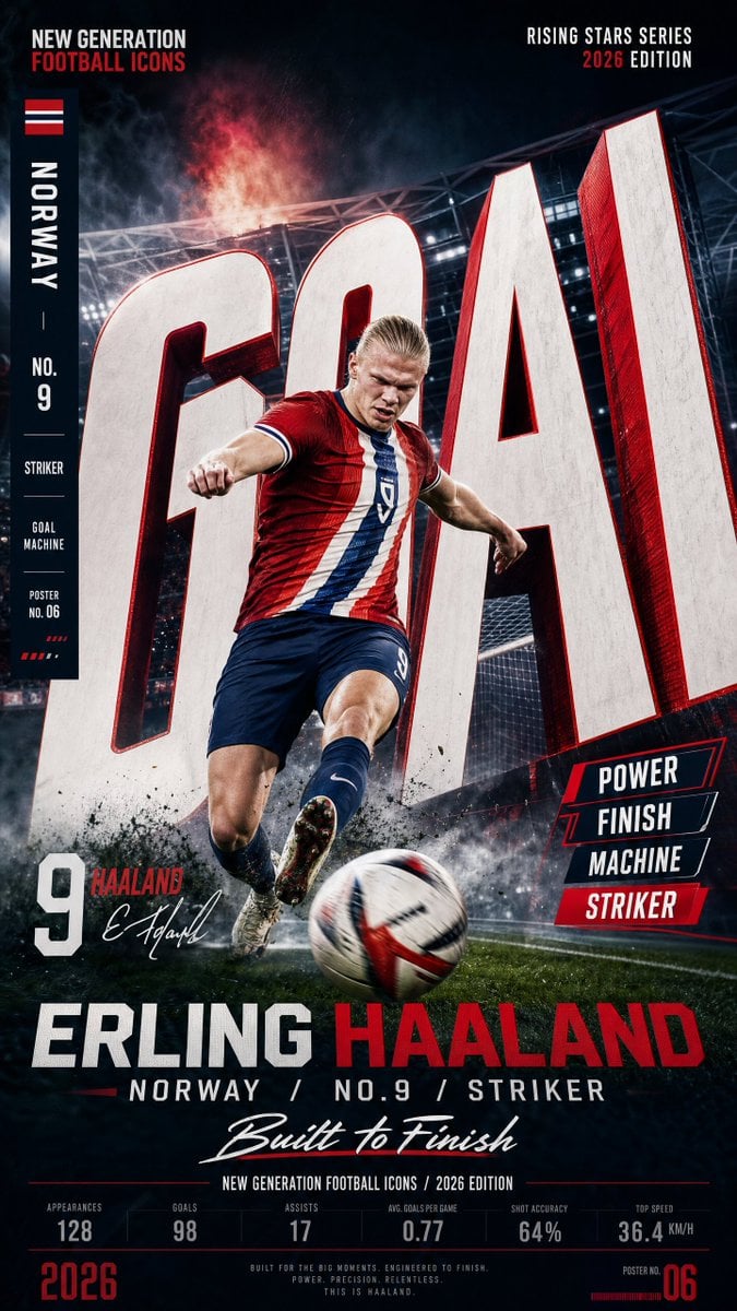Create a vertical 9:16 high-resolution football star campaign poster.

Player: [Player Name]
Player concept: [football s