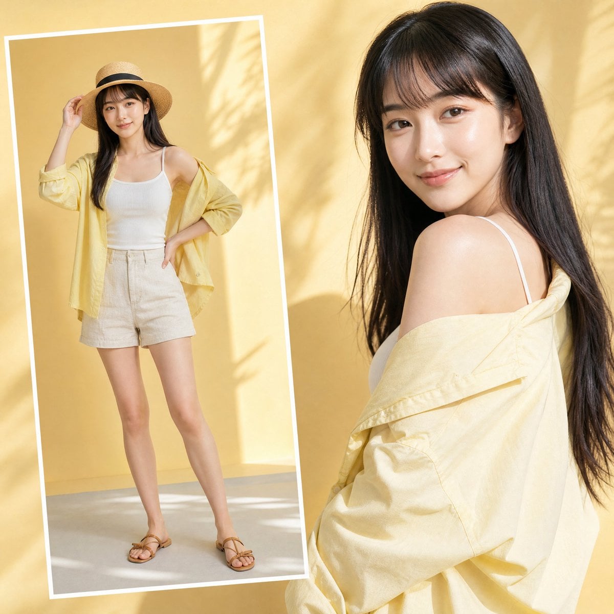Ultra-realistic high-fashion editorial composition featuring the SAME model shown twice inside a bright pastel-yellow st