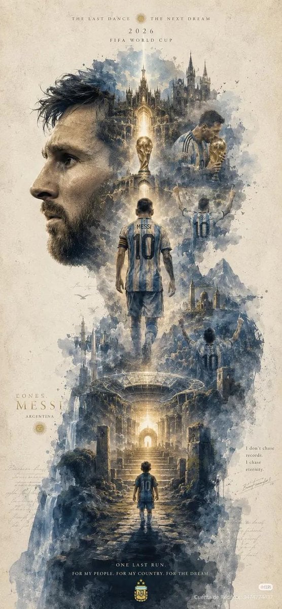 Epic cinematic watercolor poster of [Hero Subject: Lionel Messi], giant side-profile portrait dominating the left side, 