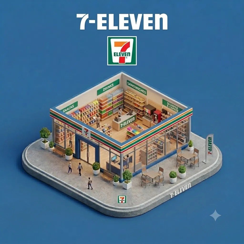 "Ultra-detailed isometric 3D miniature diorama of a branded storefront placed on a floating concrete platform, viewed fr
