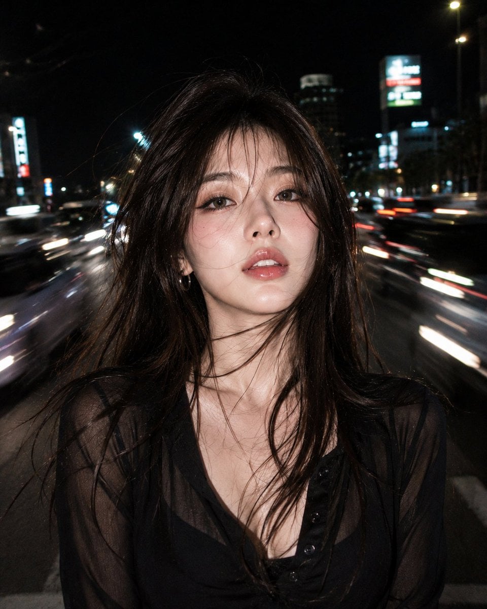 Ultra realistic RAW night flash portrait of a beautiful young woman with the same face as the reference, standing alone 