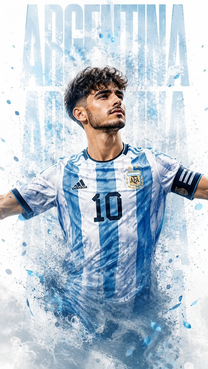 A male footballer with a face similar to the reference photo wearing the Argentina national team's white-and-blue stripe