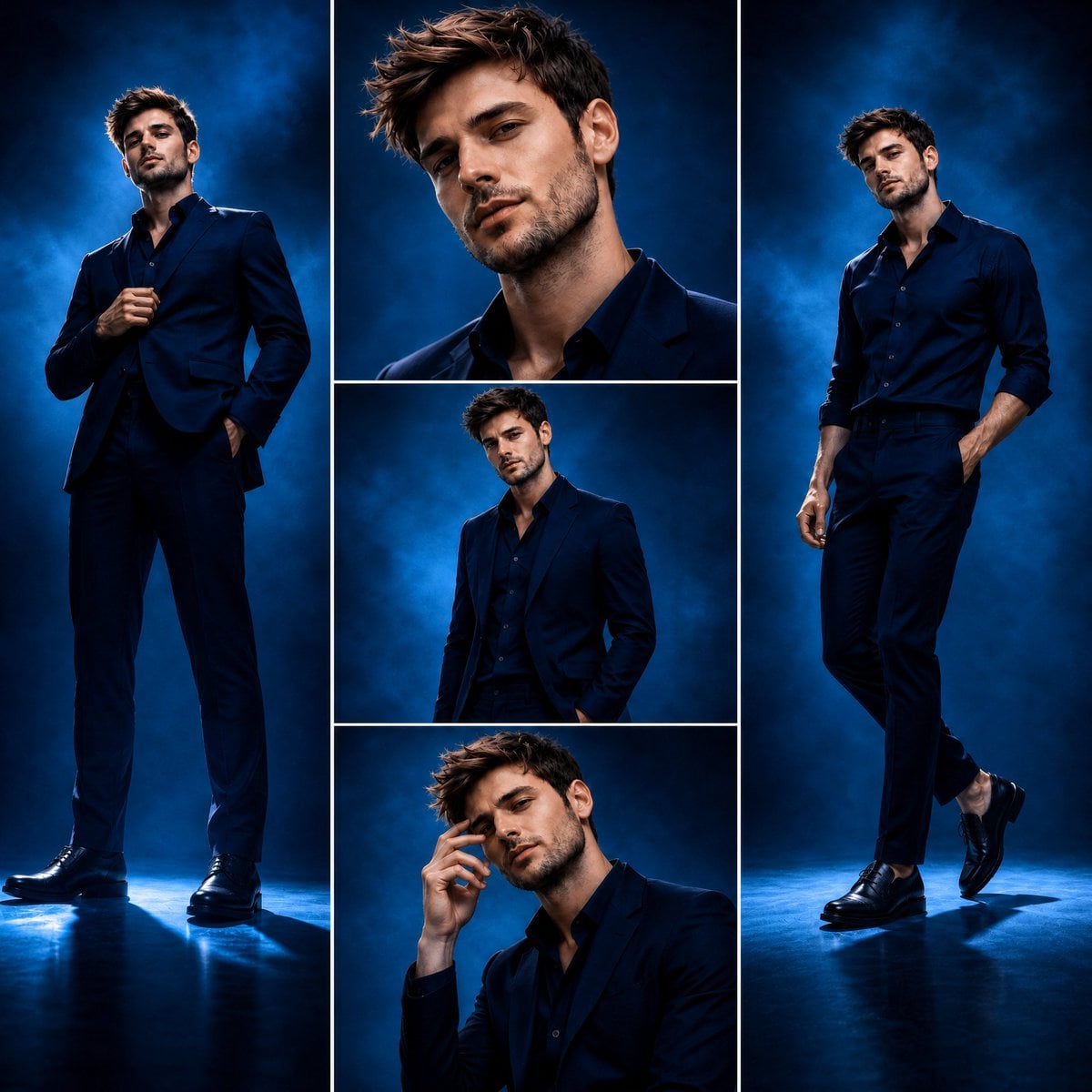 Aspect ratio 1:1. Luxury fashion editorial, three-panel composite layout on cool-grey studio background.

CENTER PANEL (