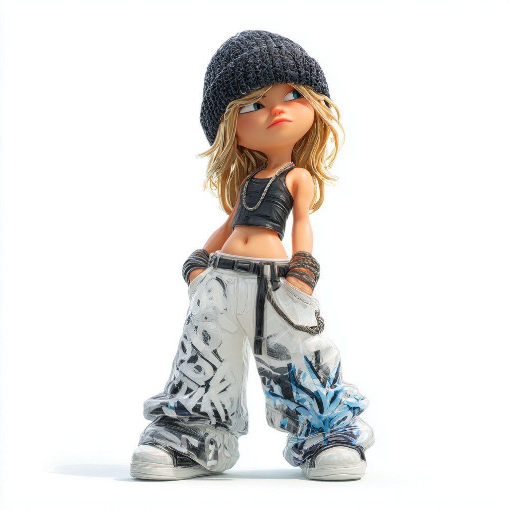 Masterpiece, 8k, best quality, a stylish artistic blind box toy of a cool and cute girl, full body shot, made of high-tr