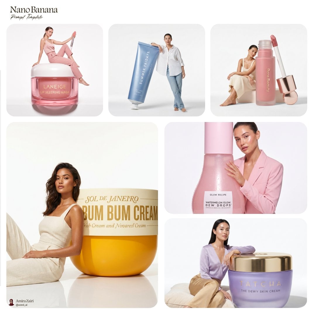 Create an ultra-detailed hyper-realistic beauty editorial photograph of a model interacting with an oversized skincare o
