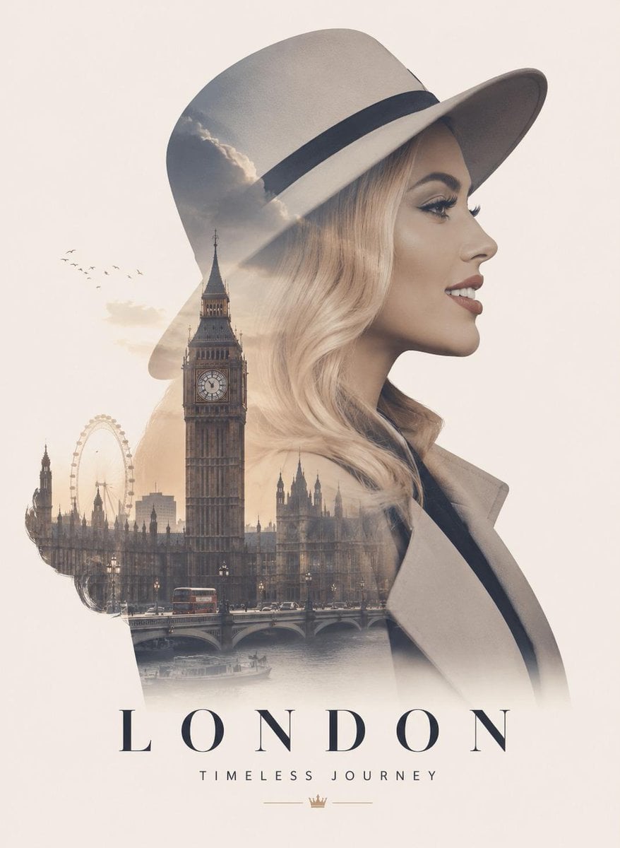 Ultra-premium double exposure travel poster, elegant side-profile portrait of a beautiful woman, seamlessly blended with