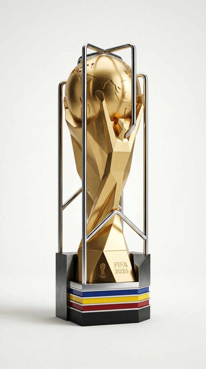A highly detailed, photorealistic product render of the FIFA 2026 World Cup trophy, featuring the iconic golden silhouet