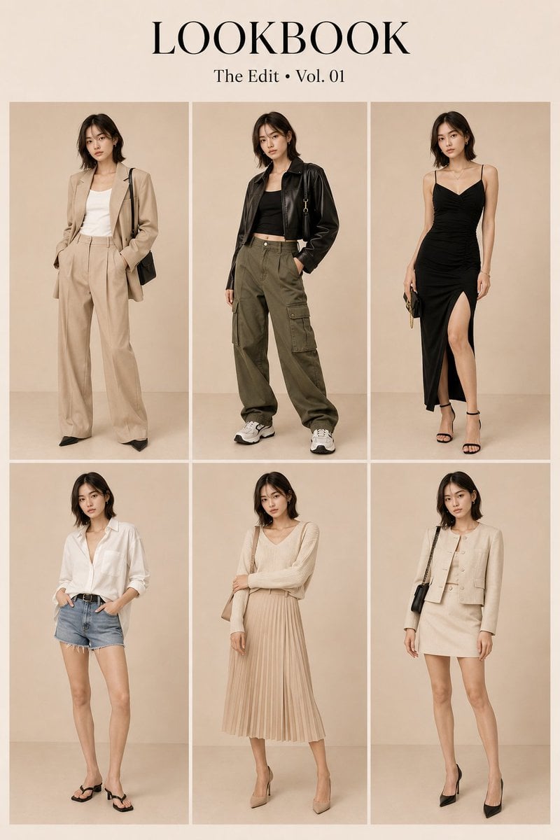 The primary identity reference and display the exact same Japanese woman in all six panels with strict identity preserva