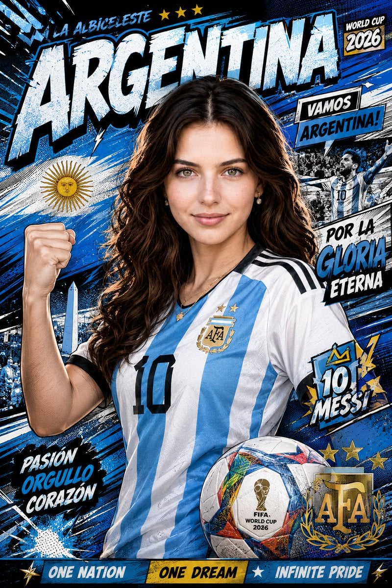 Create a high-impact portrait poster in a modern [Hero Subject: Comic Book World Cup] 2026 Style, designed with a contem