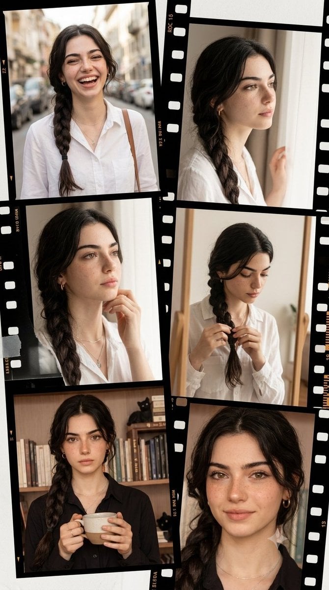 Vintage filmstrip collage of a woman

Ultra-realistic IMAX-level Netflix-style asymmetrical film-style memory collage po