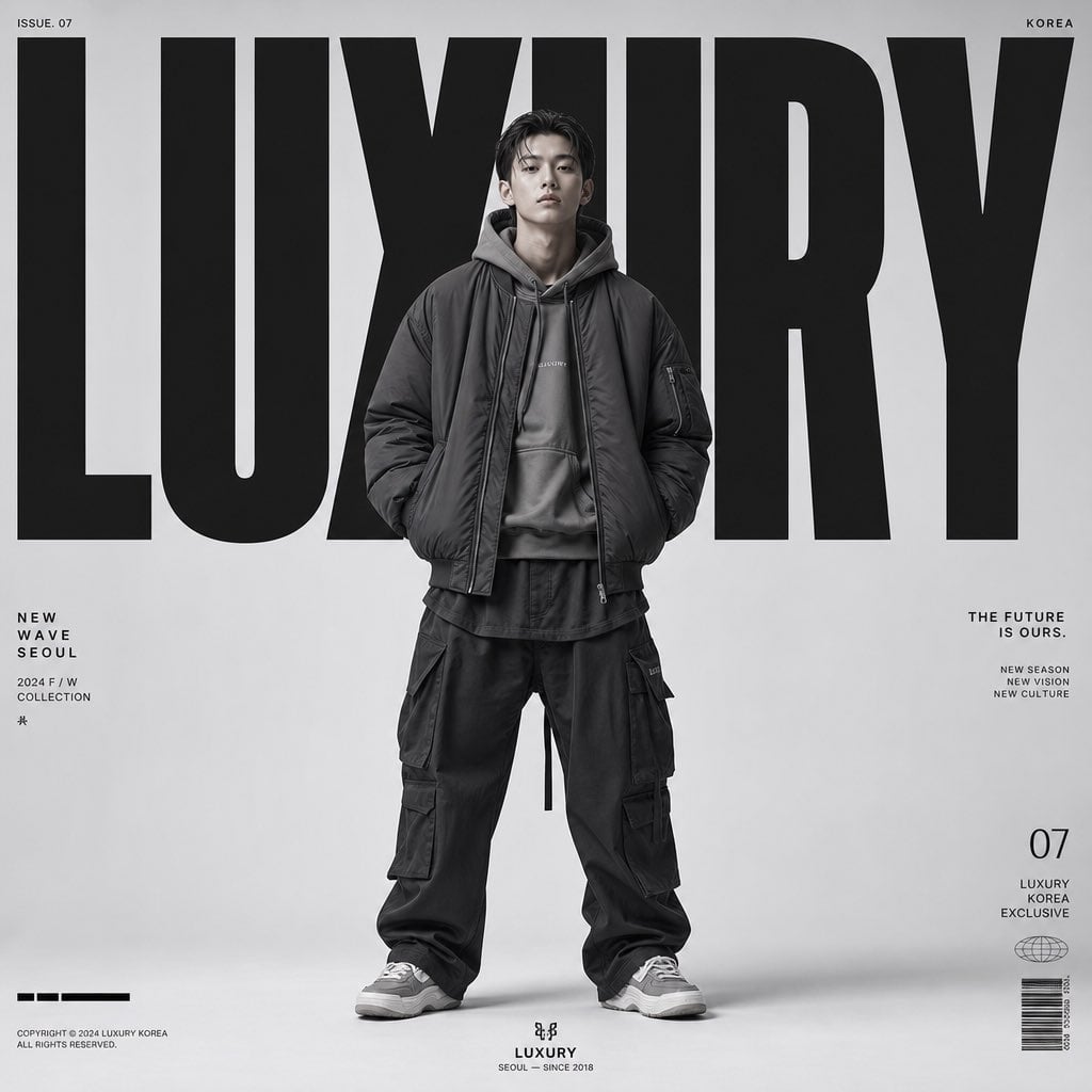Create a premium high-fashion editorial poster for [Campaign Name: LUXURY] in a luxury Korean streetwear magazine style.