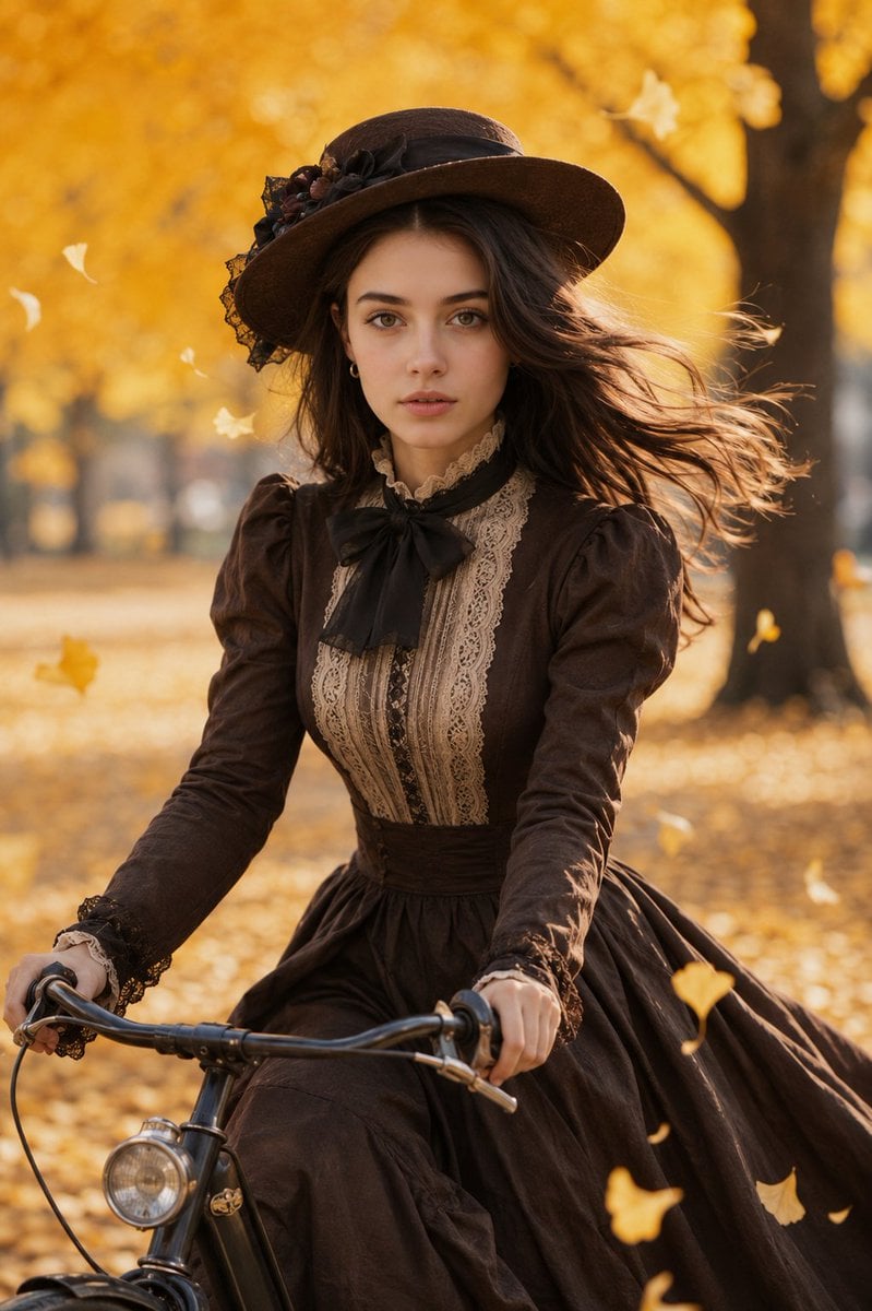 An ultra-realistic, cinematic portrait of a beautiful young woman riding a vintage black bicycle through an autumn park.