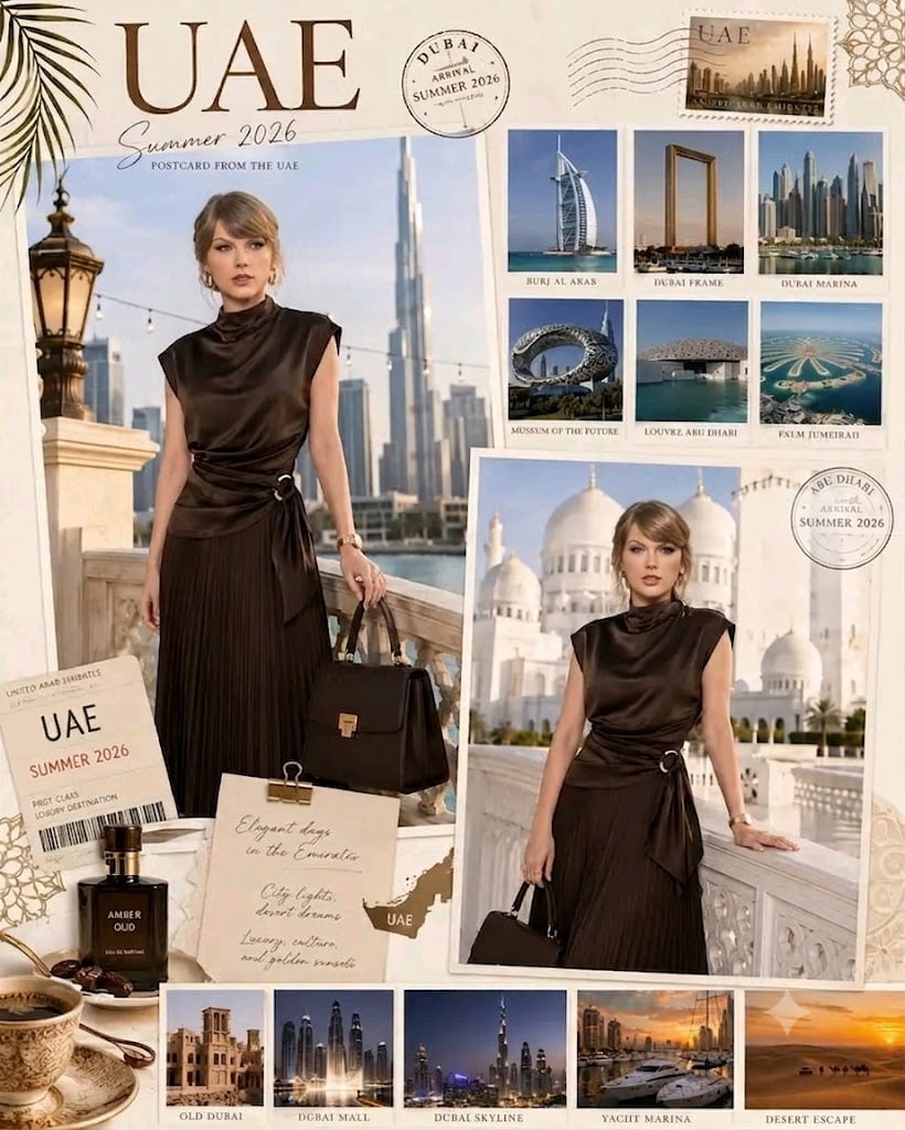 Create an ultra-detailed luxury travel scrapbook collage titled [Title: UAE Summer 2026 – Postcard from the UAE,] design