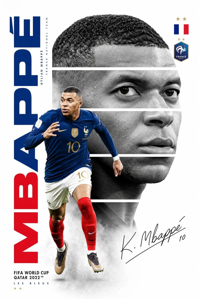 Create a premium FIFA World Cup poster design featuring [Hero Subject: Kylian Mbappé]. Minimalist white background with 