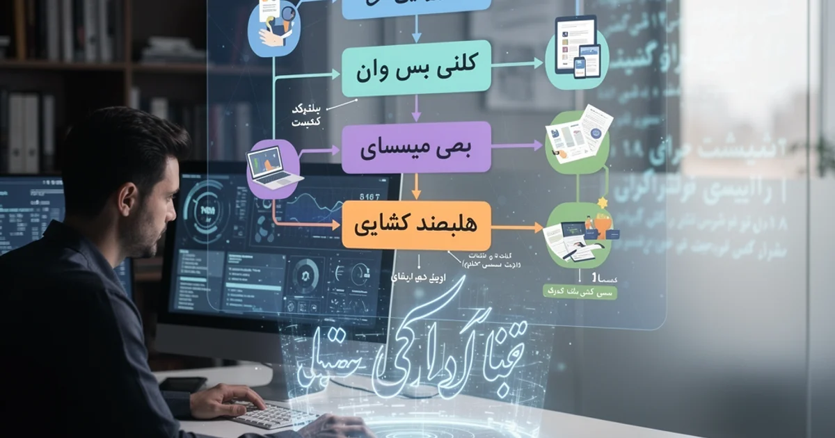 تصویر یک فرد در حال کار با هوش مصنوعی و متن فارسی، نمادی از پرامپت‌نویسی پیشرفته برای زبان فارسی
