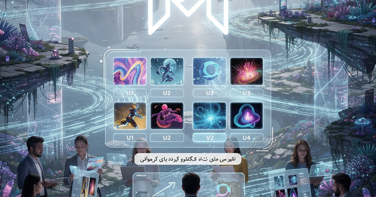 تصویر جلد راهنمای کامل Midjourney با لوگوی درخشان M، مناظر سورئال تولید شده با هوش مصنوعی و افراد خلاق در حال تعامل با رابط‌های هولوگرافیک