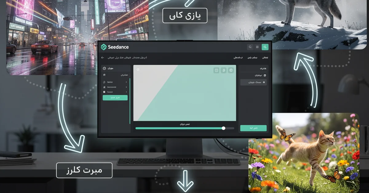 تصویری از رابط کاربری Seedance بر روی یک مانیتور مدرن که در حال تولید یک ویدیوی هوش مصنوعی با جلوه‌های نئونی و شهری آینده‌نگر است. دست یک کاربر در حال کار با ماوس دیده می‌شود که نشان‌دهنده تعامل با پلتفرم Axeto است.