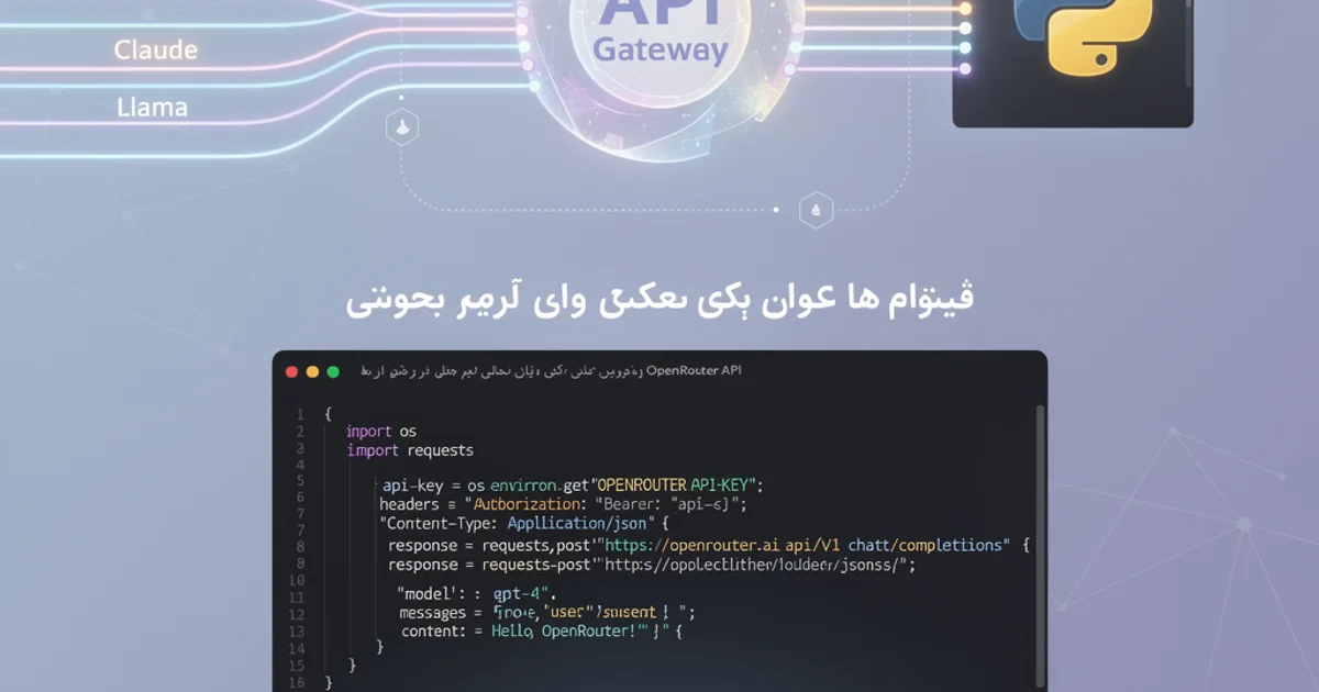 نمای کد پایتون برای ارسال اولین درخواست به OpenRouter API با استفاده از کتابخانه requests و مدیریت کلید API از طریق متغیرهای محیطی.