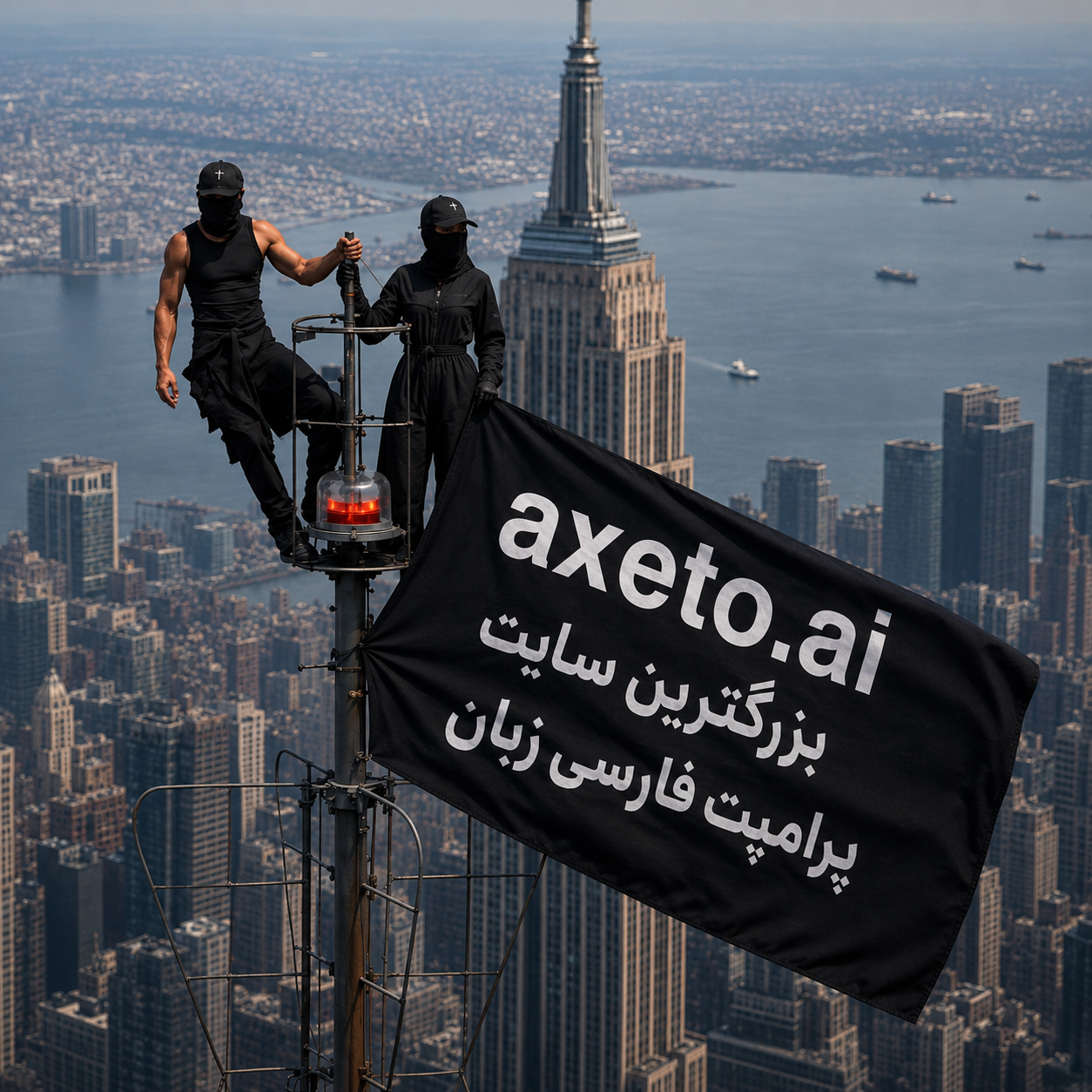 عکاسی فوق‌واقع‌گرایانه مستند تبلیغاتی از بالاترین نقطه یک آسمان‌خراش در منهتن نی…؛ عکس ساخته‌شده با هوش مصنوعی و پرامپت فارسی در Axeto