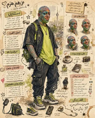 Create a highly detailed full-body fashion character poster of a stylish charism…؛ پرامپت فارسی برای ساخت عکس با هوش مصنوعی