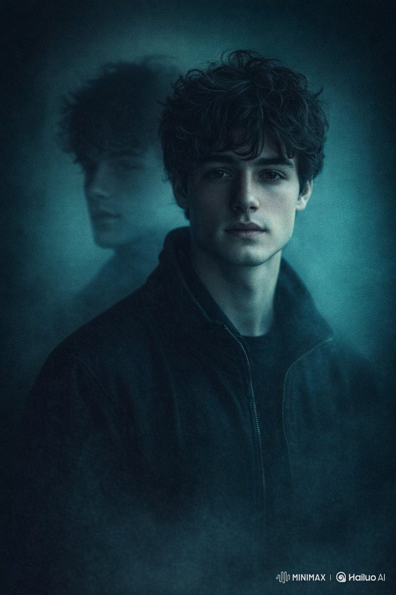 moody cinematic portrait of a man in dark jacket, front facing but slightly turn…
