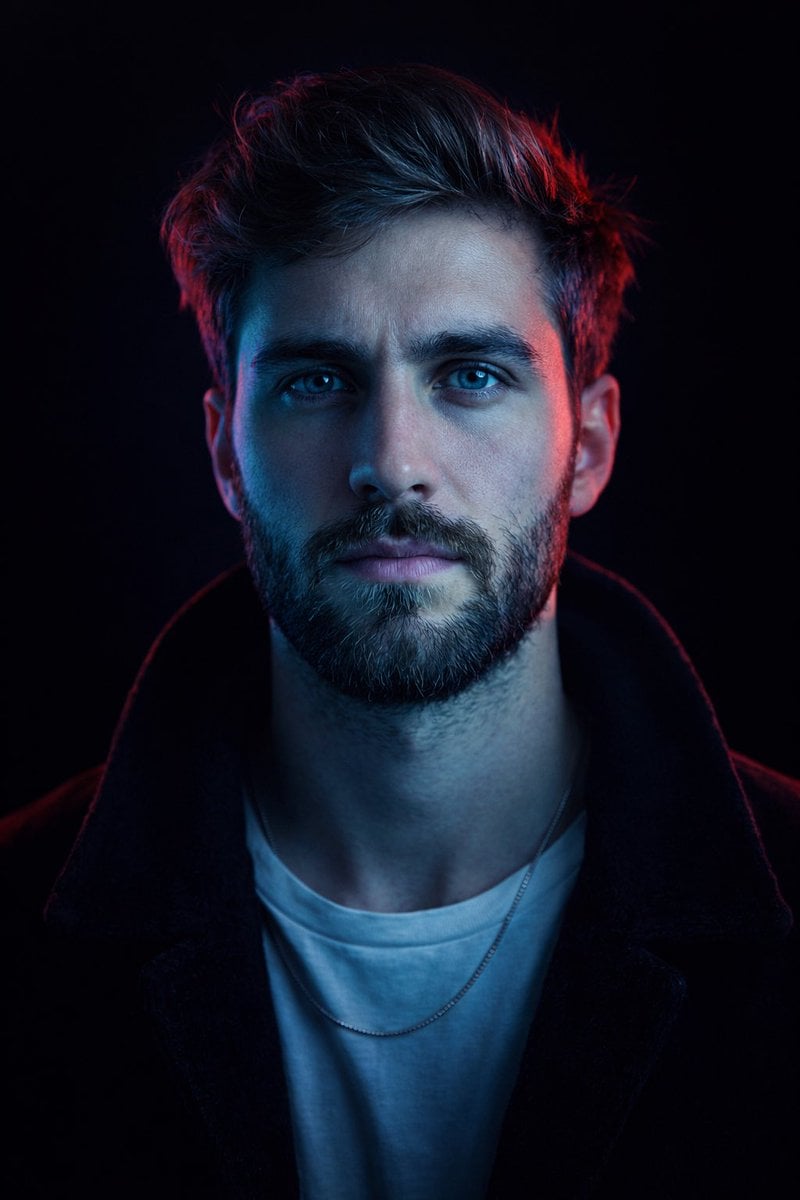 { "image_type": "studio portrait", "composition": { "framing": "tight head-and-s…