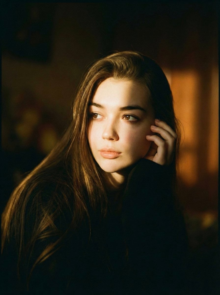 A cinematic portrait of a person is sitting in soft dramatic lighting. The face …