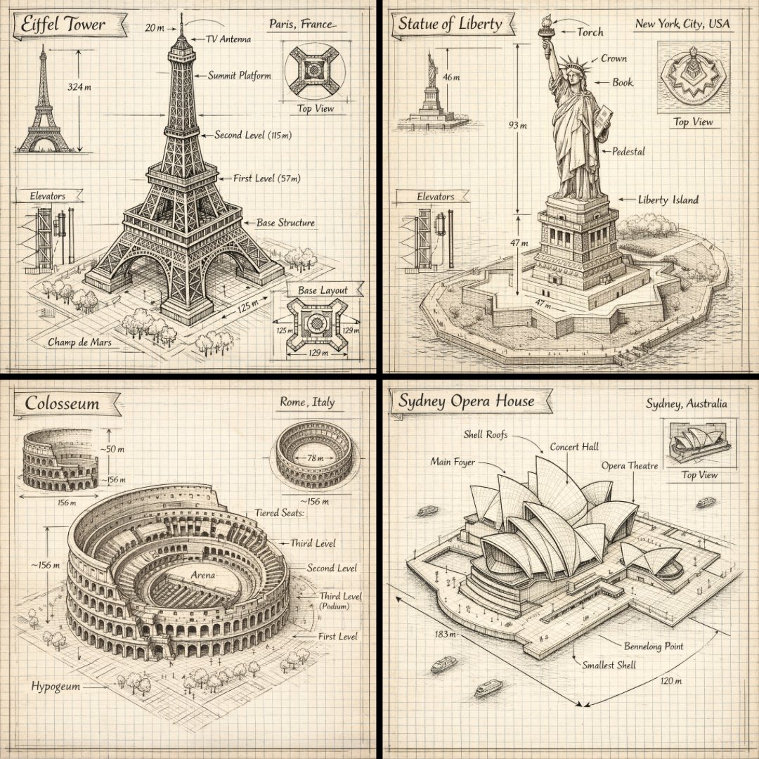 Create a hand drawn isometric schematic diagram of [LANDMARK]. 1080x1080 dimensi…