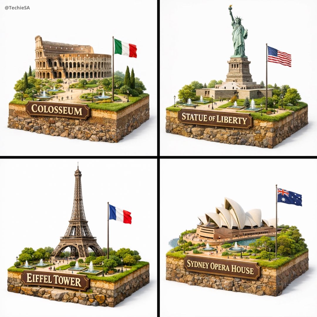 Create a hyper-realistic 3D diorama-style model of [LANDMARK NAME]. The model sh…