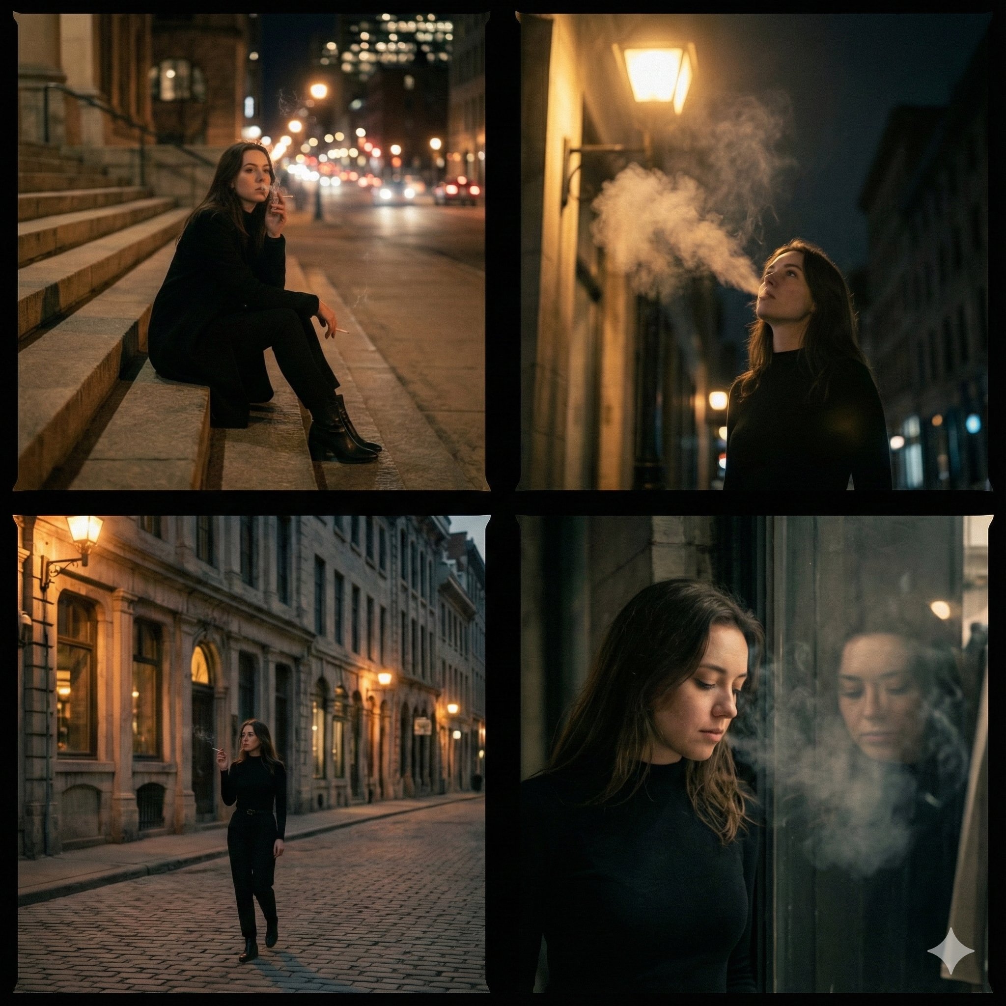 A cinematic 4-panel photo collage showing a quiet, introspective city walk with …