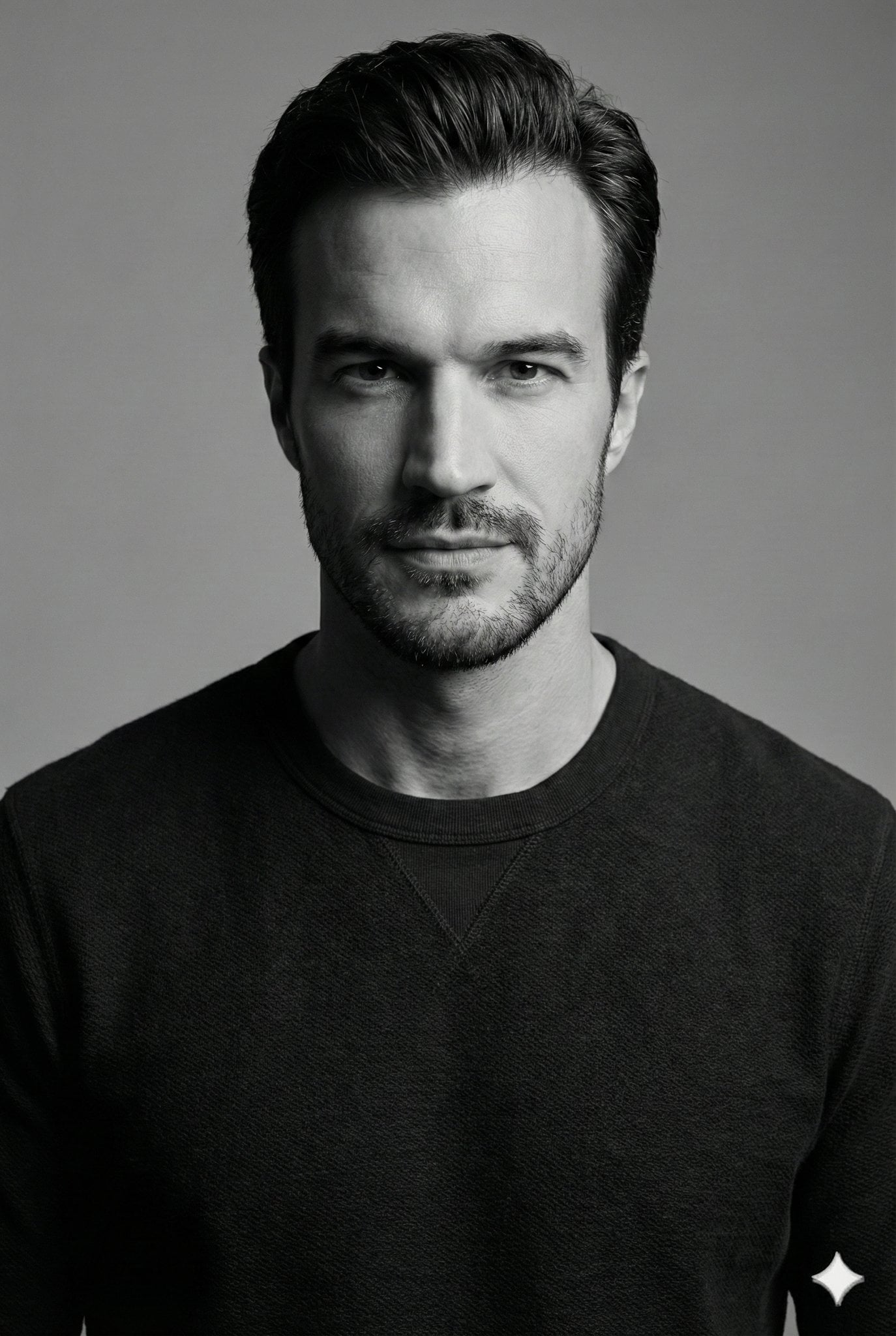 { "style": "monochrome studio portrait", "subject": { "identity": "[Hero Subject…